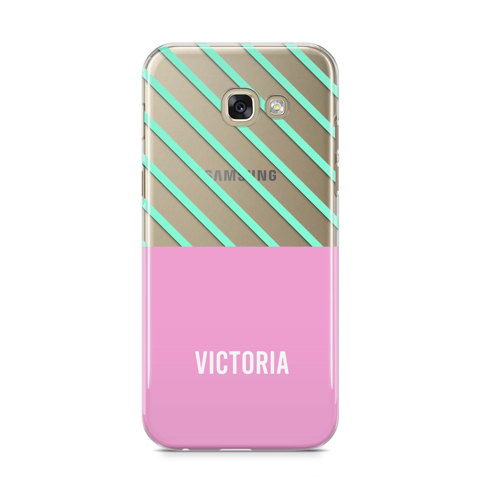 Personalised Pink Aqua Striped Samsung Galaxy A5 2017 Case on gold phone