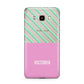 Personalised Pink Aqua Striped Samsung Galaxy J7 2016 Case on gold phone