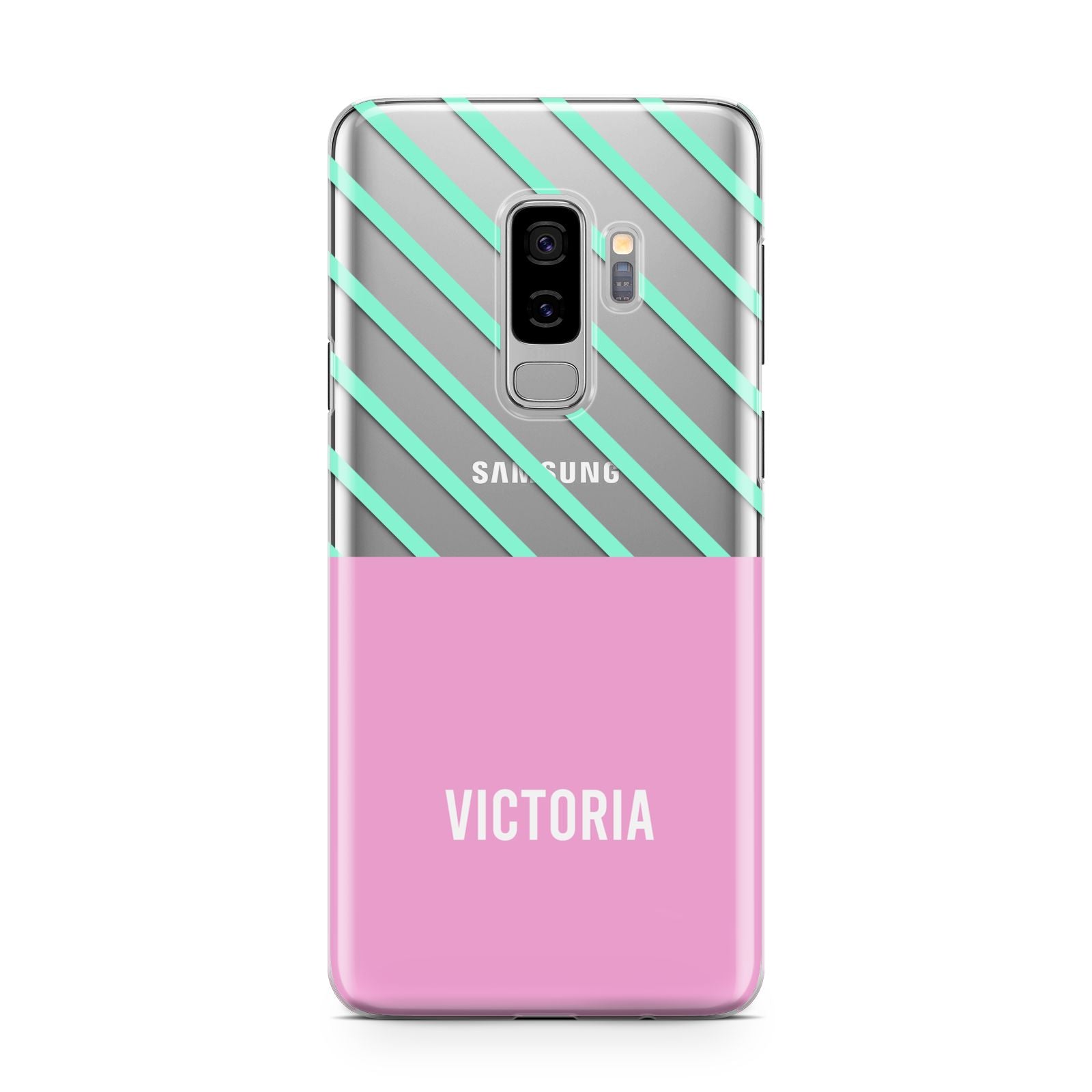 Personalised Pink Aqua Striped Samsung Galaxy S9 Plus Case on Silver phone