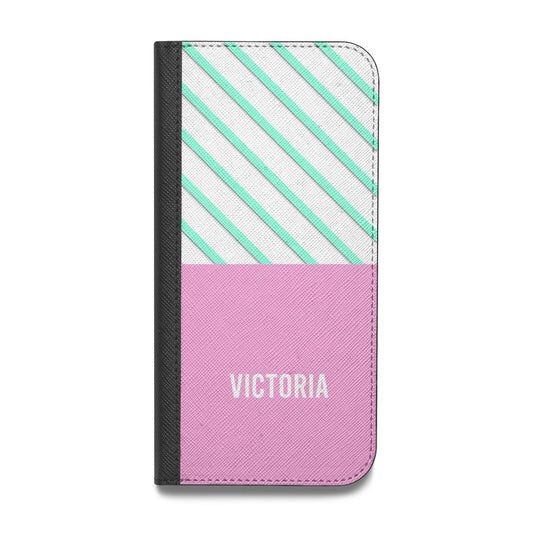 Personalised Pink Aqua Striped Vegan Leather Flip Samsung Case