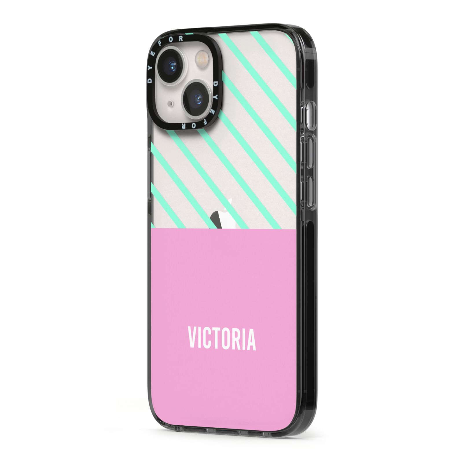 Personalised Pink Aqua Striped iPhone 13 Black Impact Case Side Angle on Silver phone