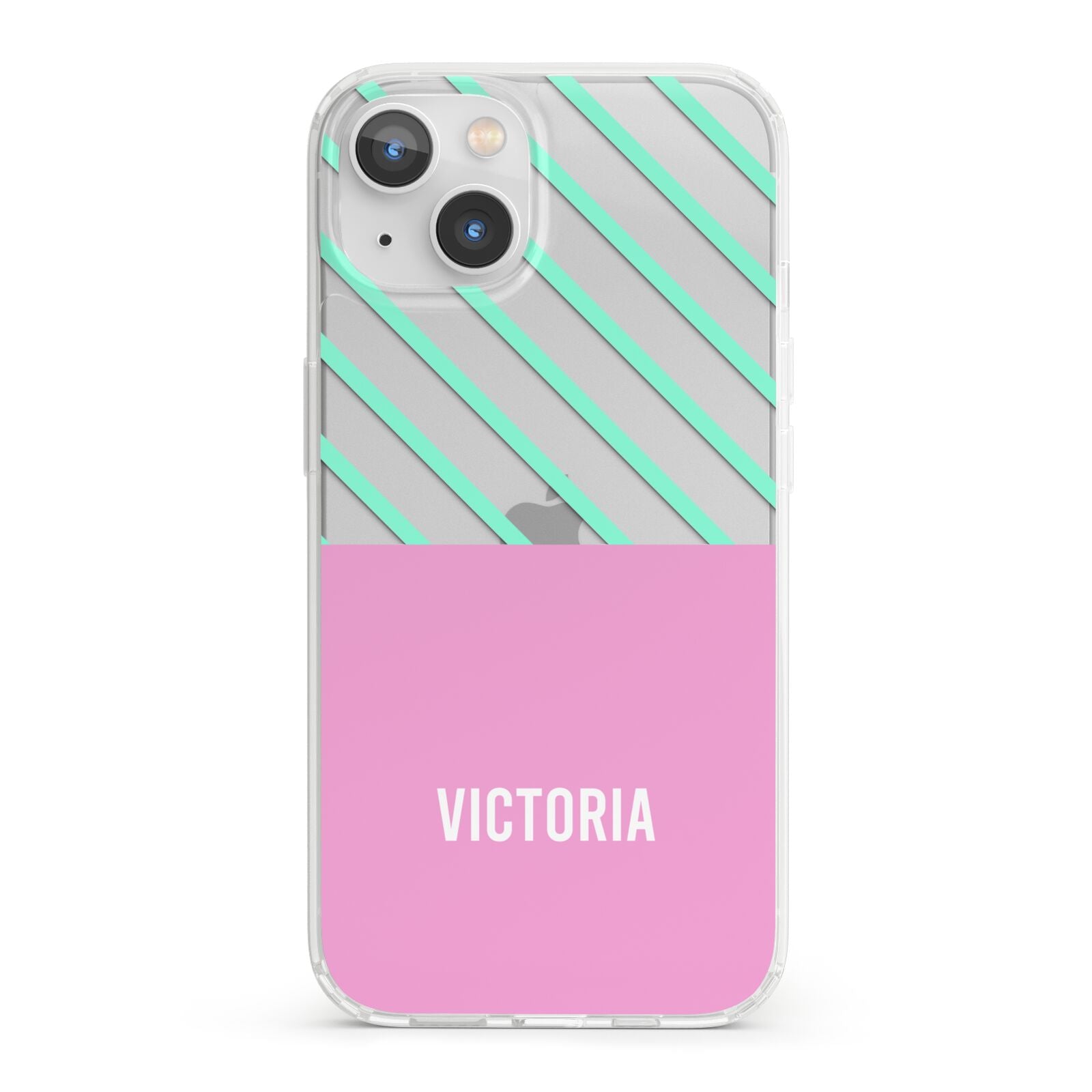 Personalised Pink Aqua Striped iPhone 13 Clear Bumper Case