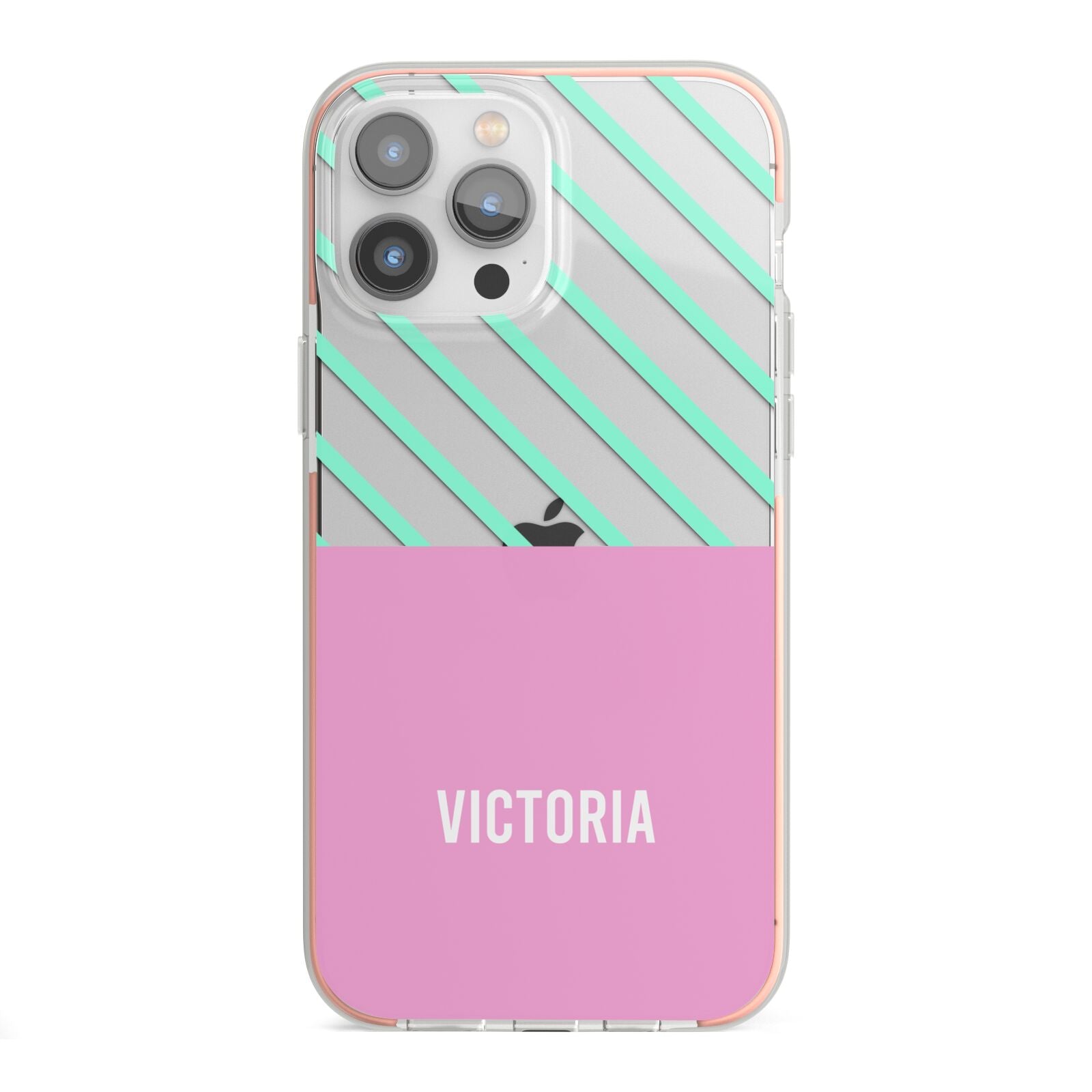 Personalised Pink Aqua Striped iPhone 13 Pro Max TPU Impact Case with Pink Edges