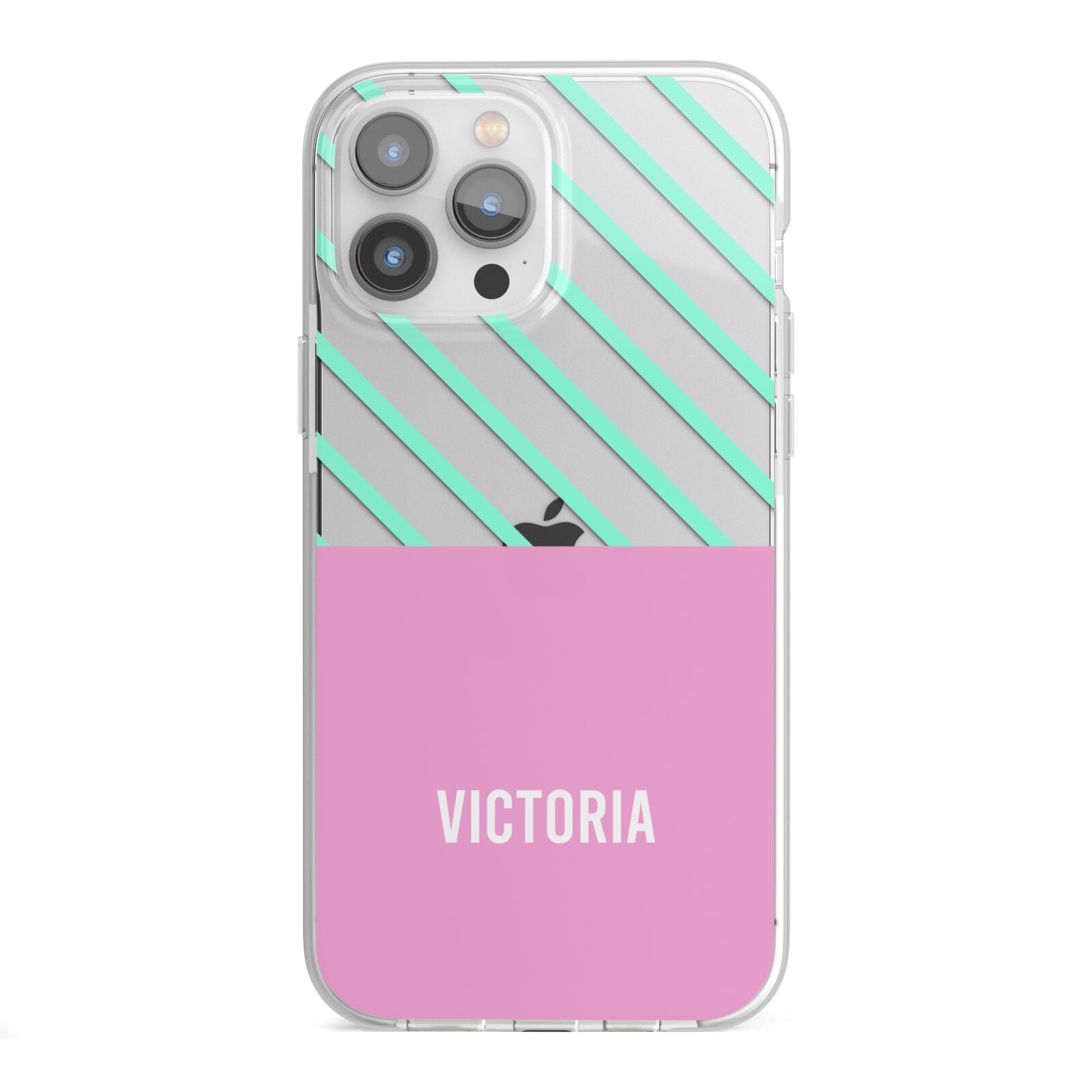 Personalised Pink Aqua Striped iPhone 13 Pro Max TPU Impact Case with White Edges