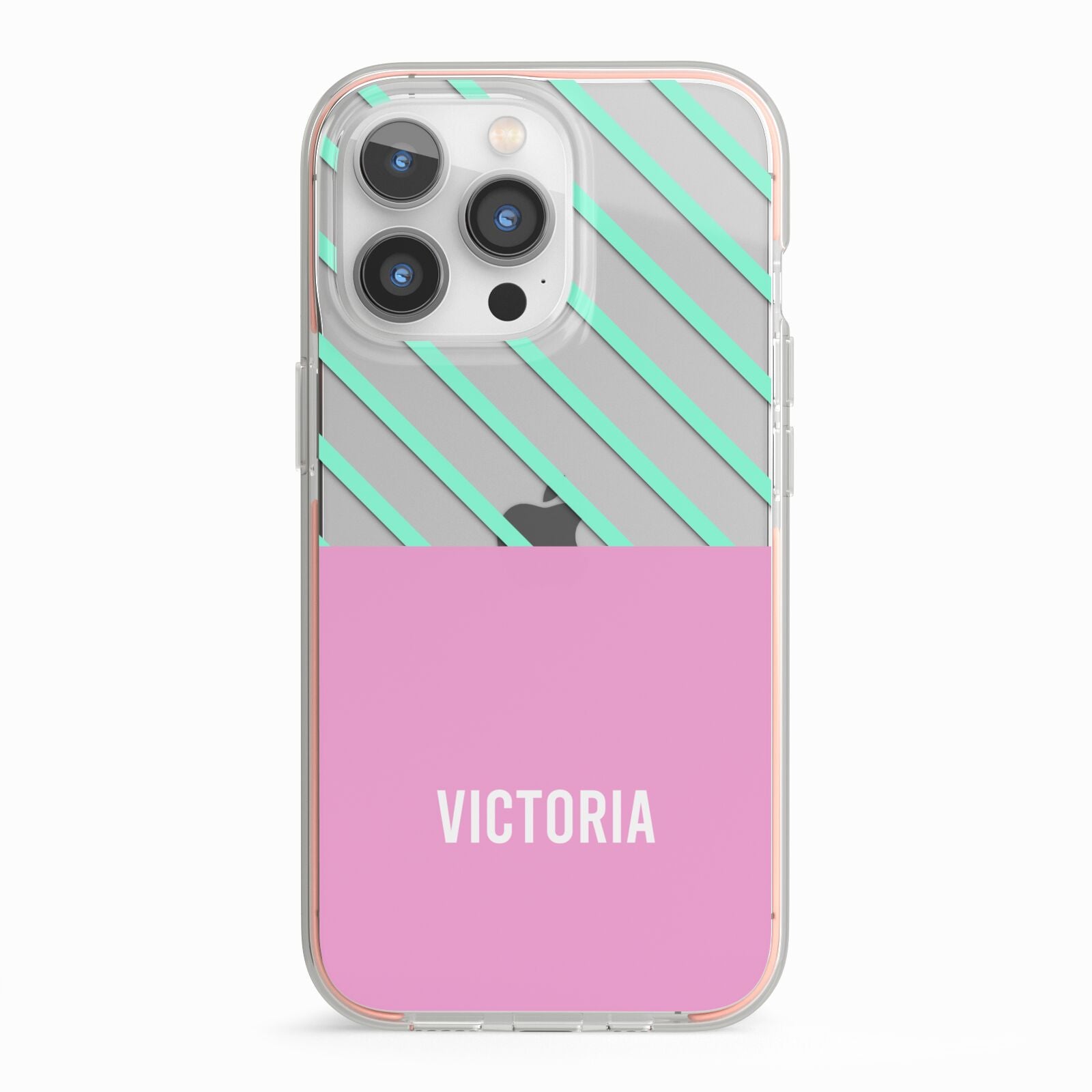Personalised Pink Aqua Striped iPhone 13 Pro TPU Impact Case with Pink Edges