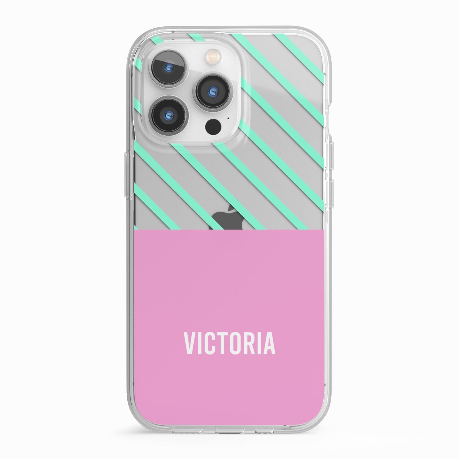 Personalised Pink Aqua Striped iPhone 13 Pro TPU Impact Case with White Edges
