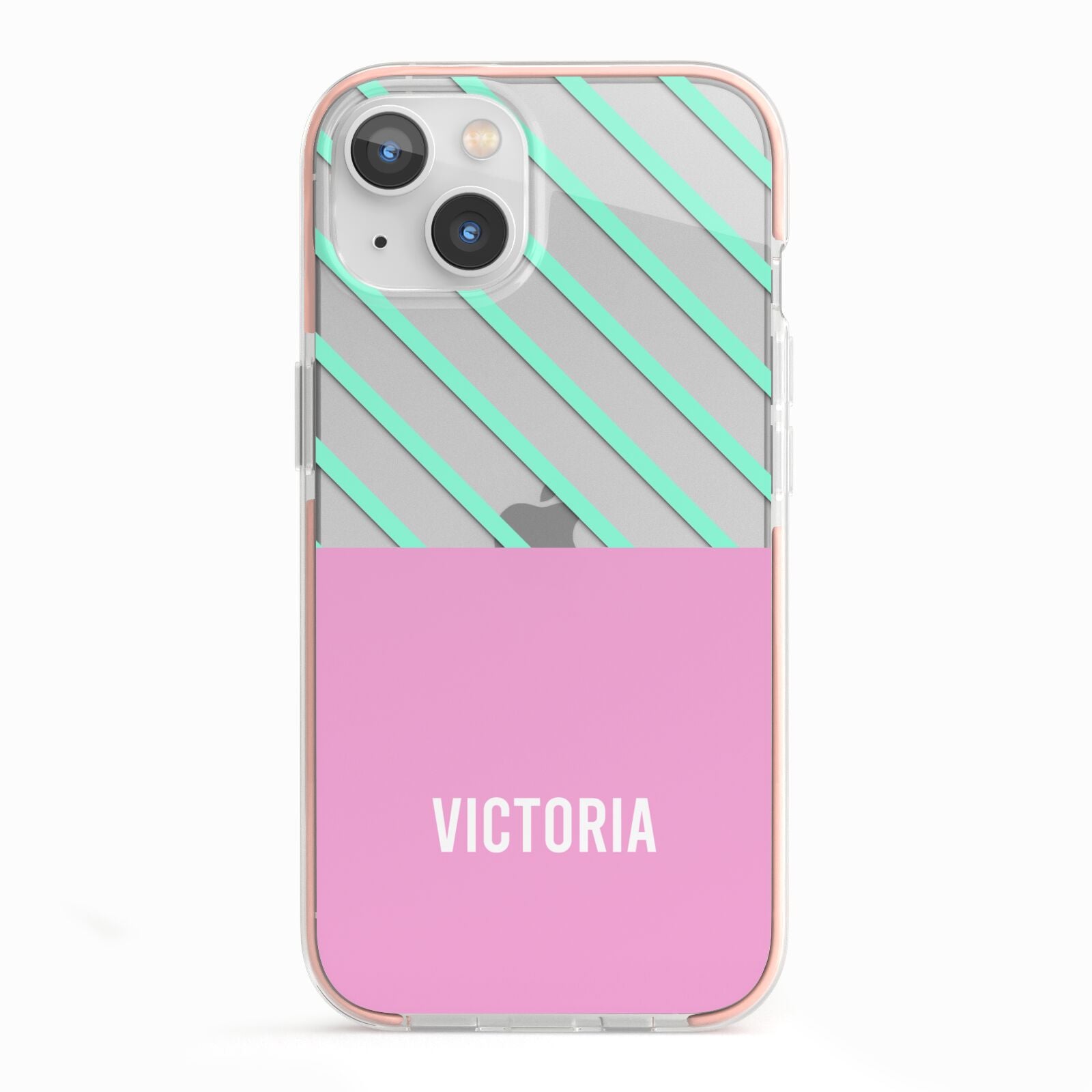 Personalised Pink Aqua Striped iPhone 13 TPU Impact Case with Pink Edges