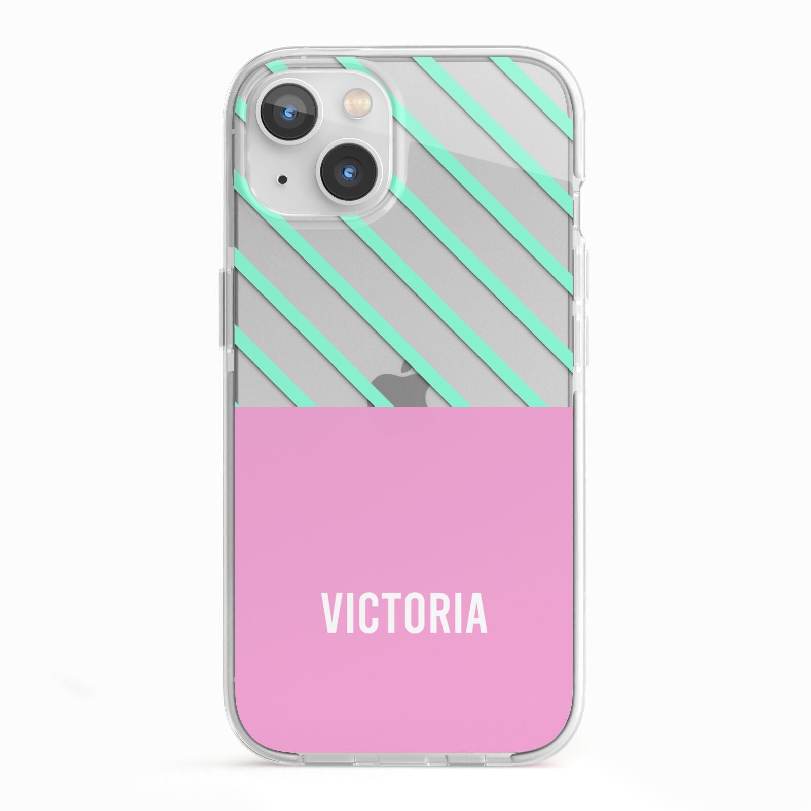 Personalised Pink Aqua Striped iPhone 13 TPU Impact Case with White Edges