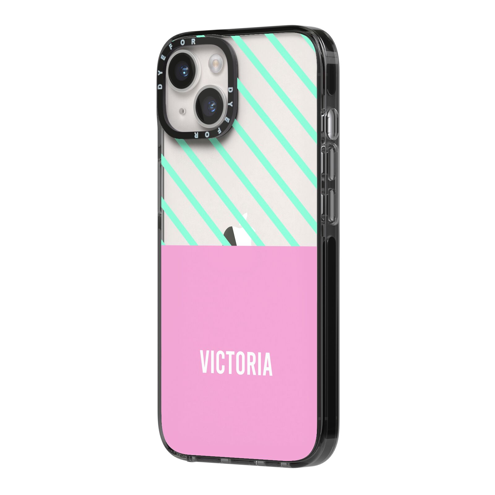 Personalised Pink Aqua Striped iPhone 14 Black Impact Case Side Angle on Silver phone