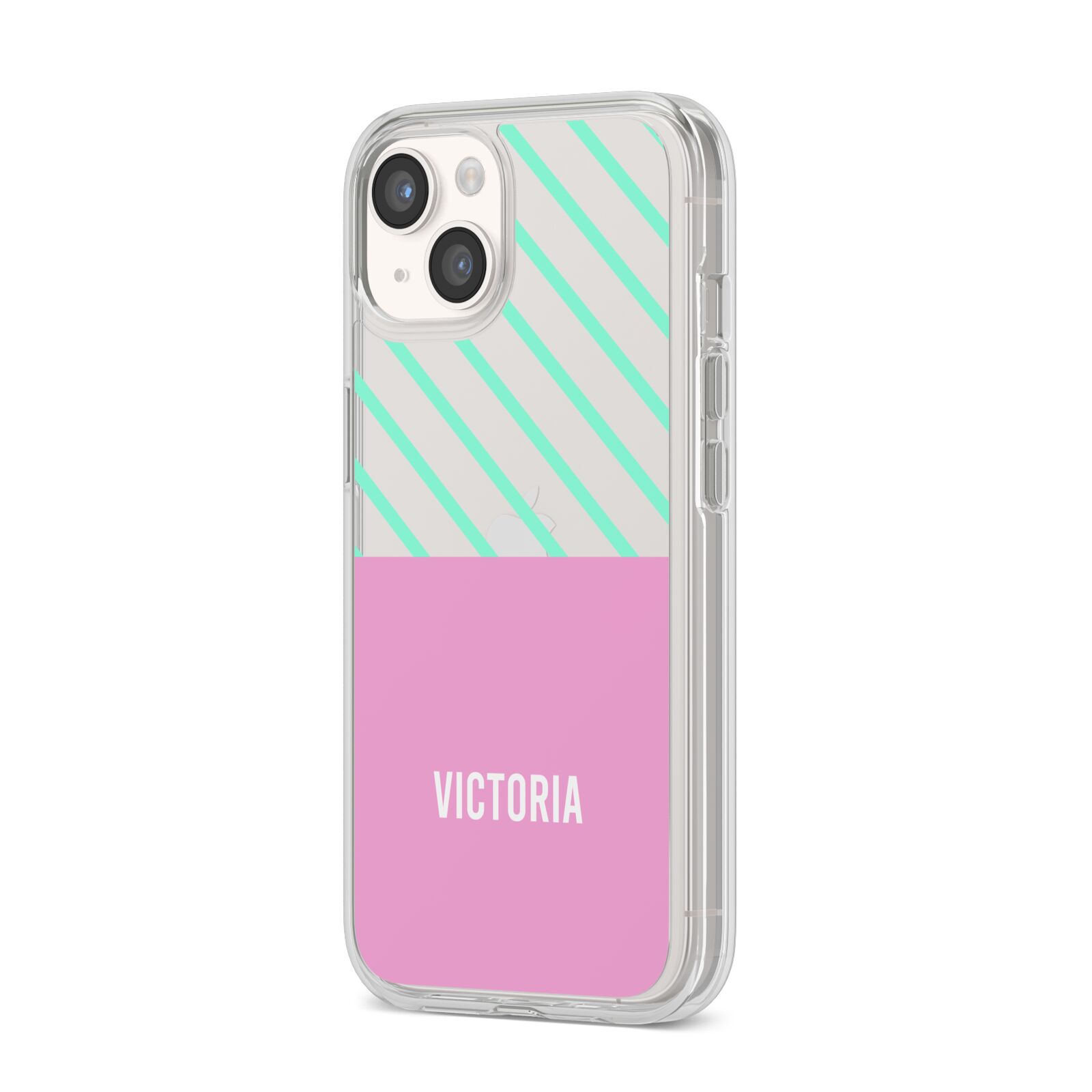 Personalised Pink Aqua Striped iPhone 14 Clear Tough Case Starlight Angled Image