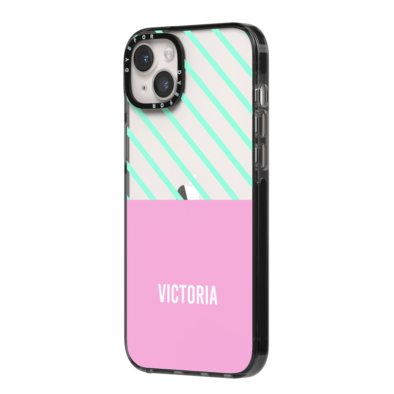 Personalised Pink Aqua Striped iPhone 14 Plus Black Impact Case Side Angle on Silver phone