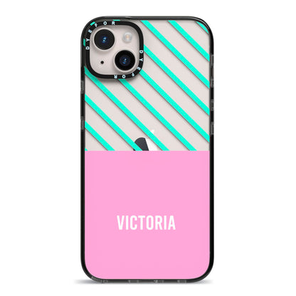 Personalised Pink Aqua Striped iPhone 14 Plus Black Impact Case on Silver phone