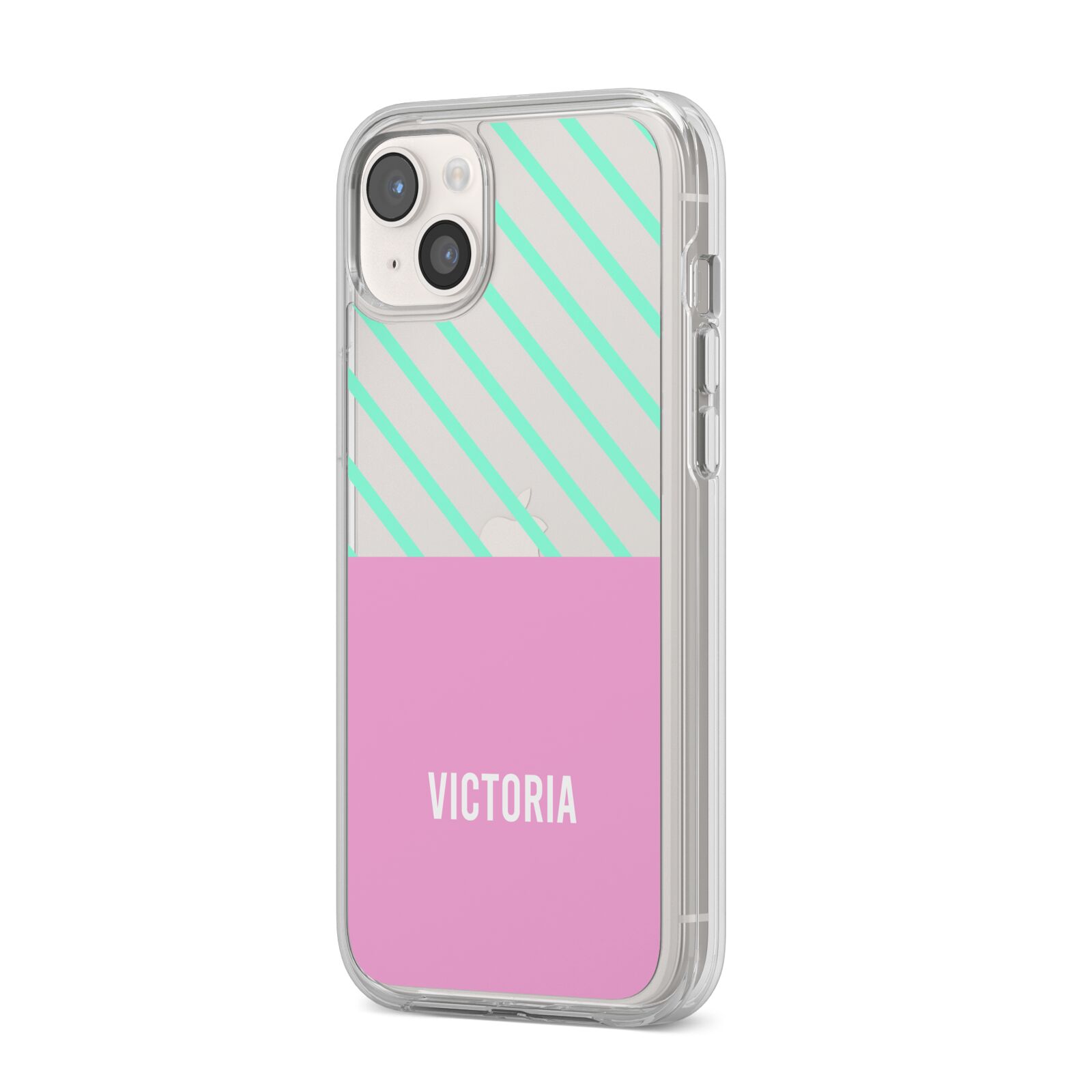 Personalised Pink Aqua Striped iPhone 14 Plus Clear Tough Case Starlight Angled Image