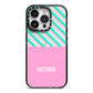Personalised Pink Aqua Striped iPhone 14 Pro Black Impact Case on Silver phone