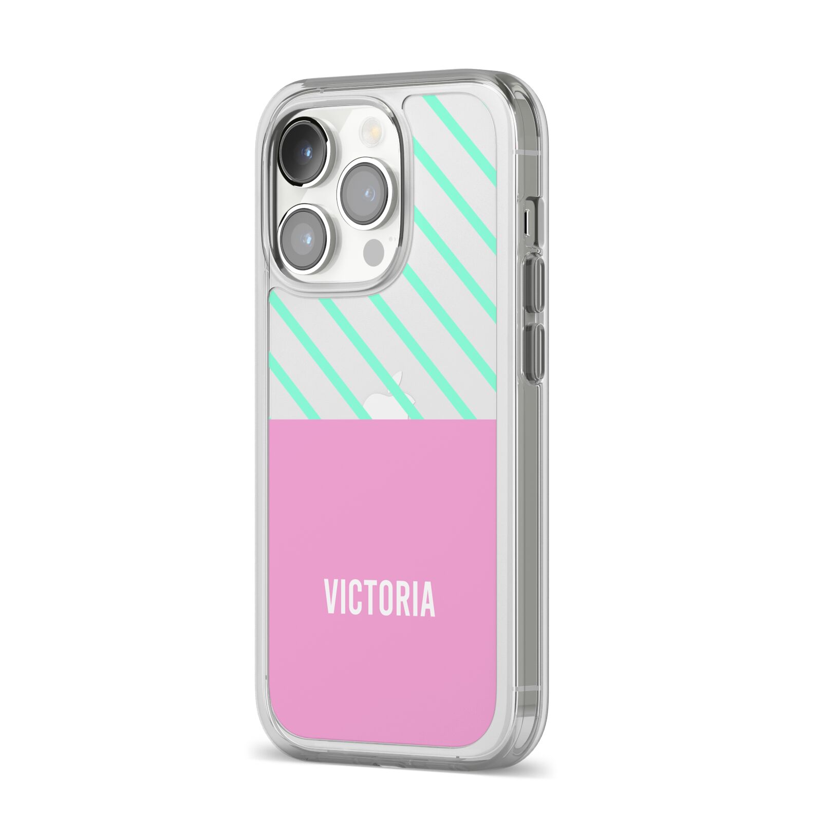 Personalised Pink Aqua Striped iPhone 14 Pro Clear Tough Case Silver Angled Image