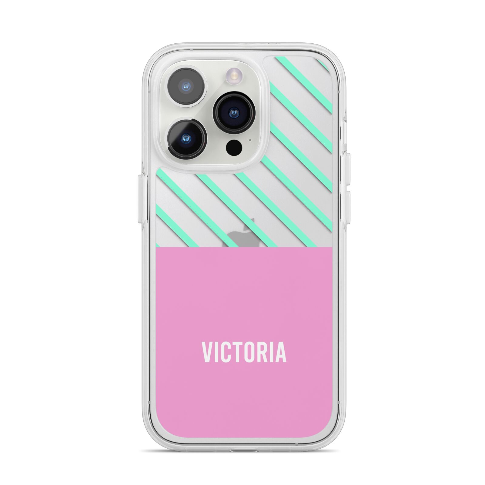 Personalised Pink Aqua Striped iPhone 14 Pro Clear Tough Case Silver