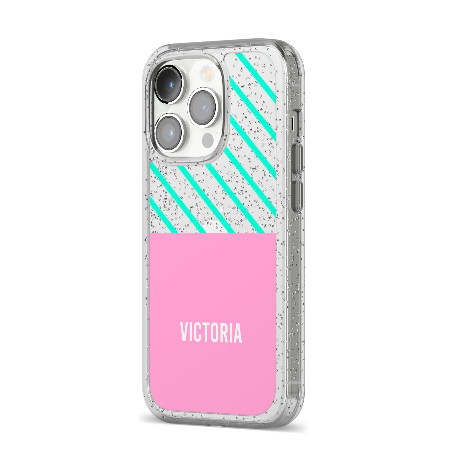 Personalised Pink Aqua Striped iPhone 14 Pro Glitter Tough Case Silver Angled Image