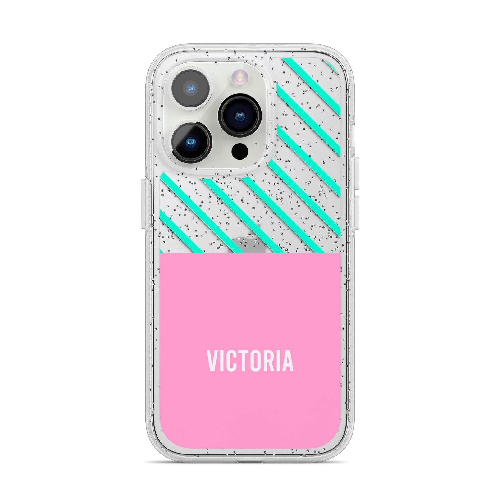 Personalised Pink Aqua Striped iPhone 14 Pro Glitter Tough Case Silver