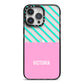 Personalised Pink Aqua Striped iPhone 14 Pro Max Black Impact Case on Silver phone