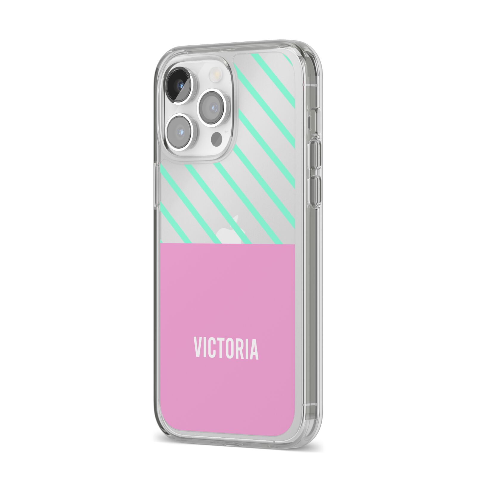 Personalised Pink Aqua Striped iPhone 14 Pro Max Clear Tough Case Silver Angled Image