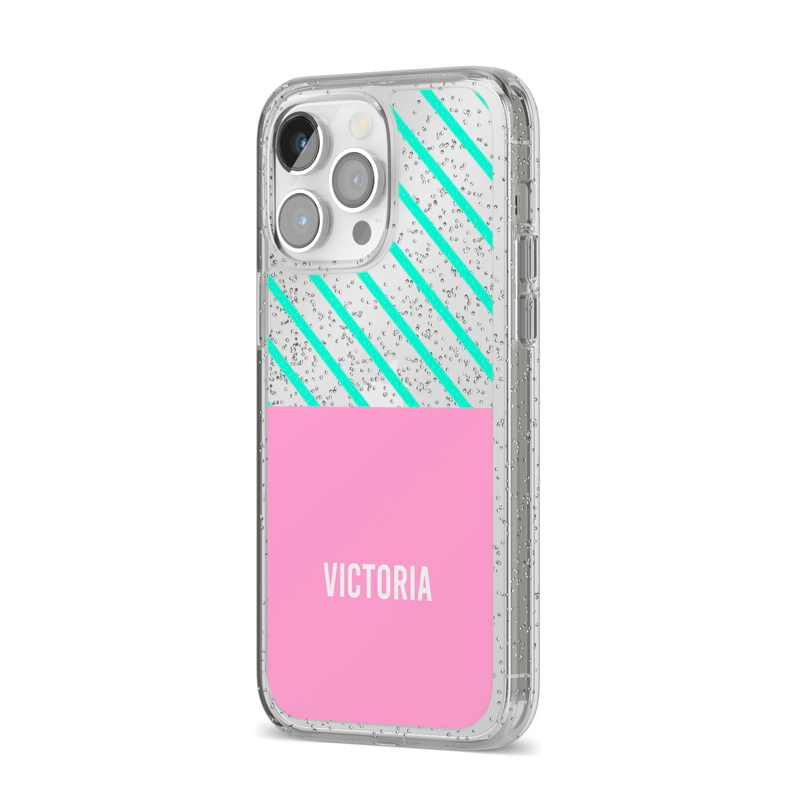 Personalised Pink Aqua Striped iPhone 14 Pro Max Glitter Tough Case Silver Angled Image