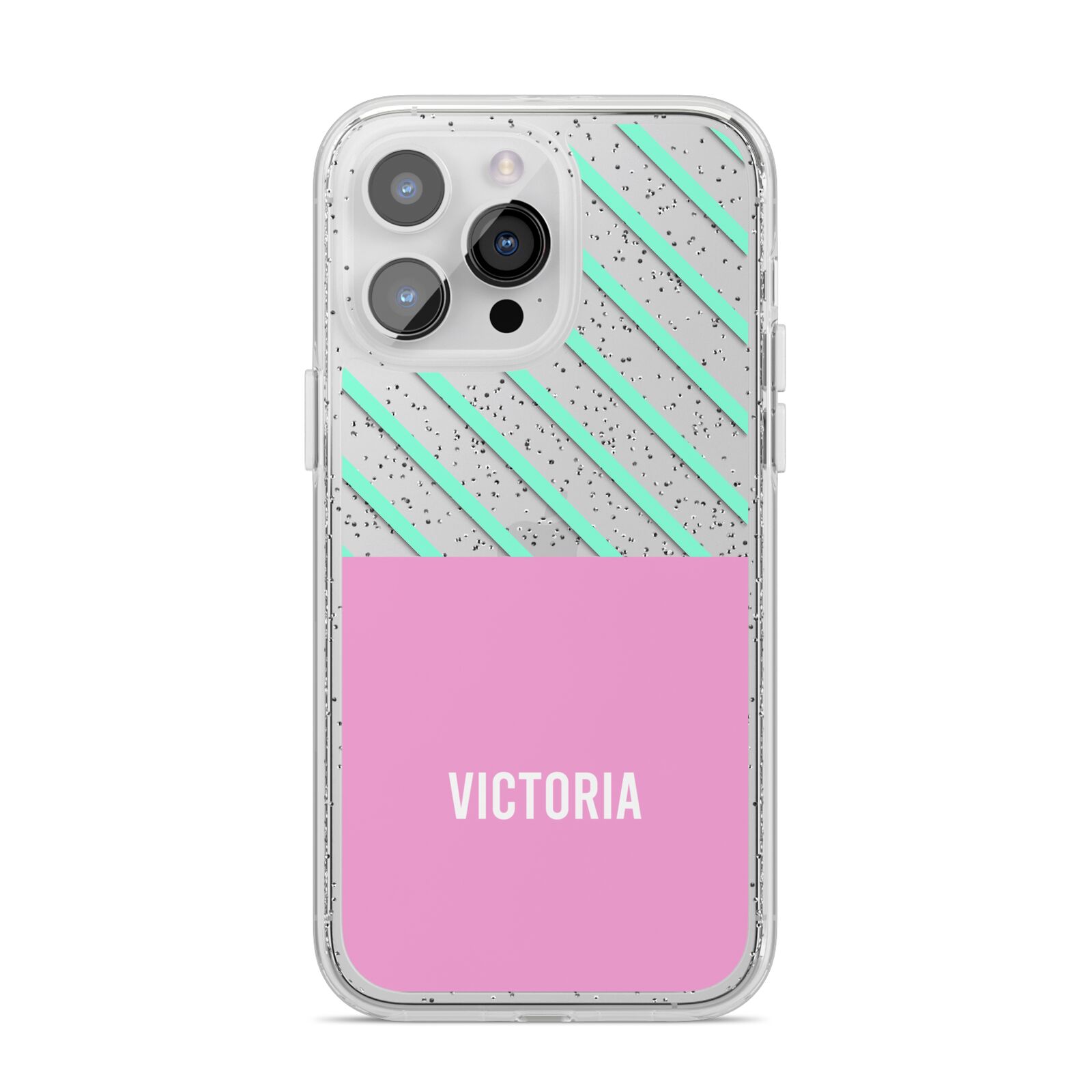 Personalised Pink Aqua Striped iPhone 14 Pro Max Glitter Tough Case Silver