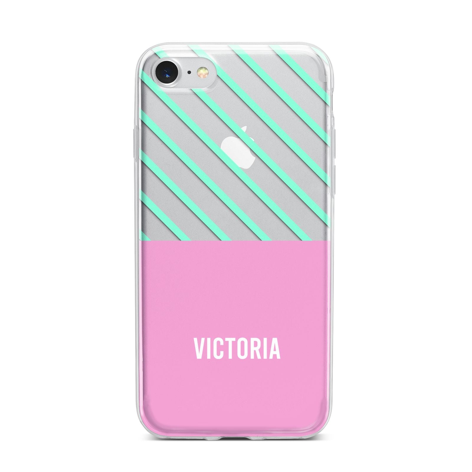 Personalised Pink Aqua Striped iPhone 7 Bumper Case on Silver iPhone