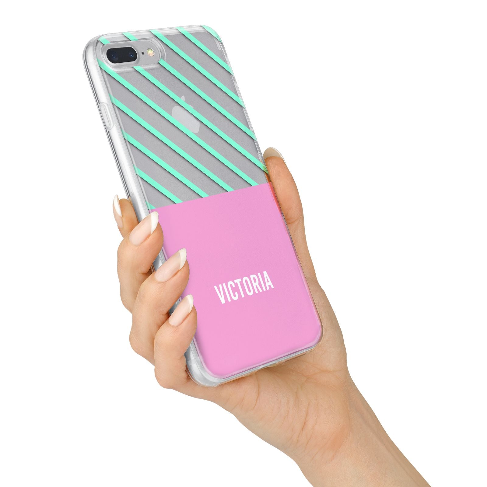 Personalised Pink Aqua Striped iPhone 7 Plus Bumper Case on Silver iPhone Alternative Image