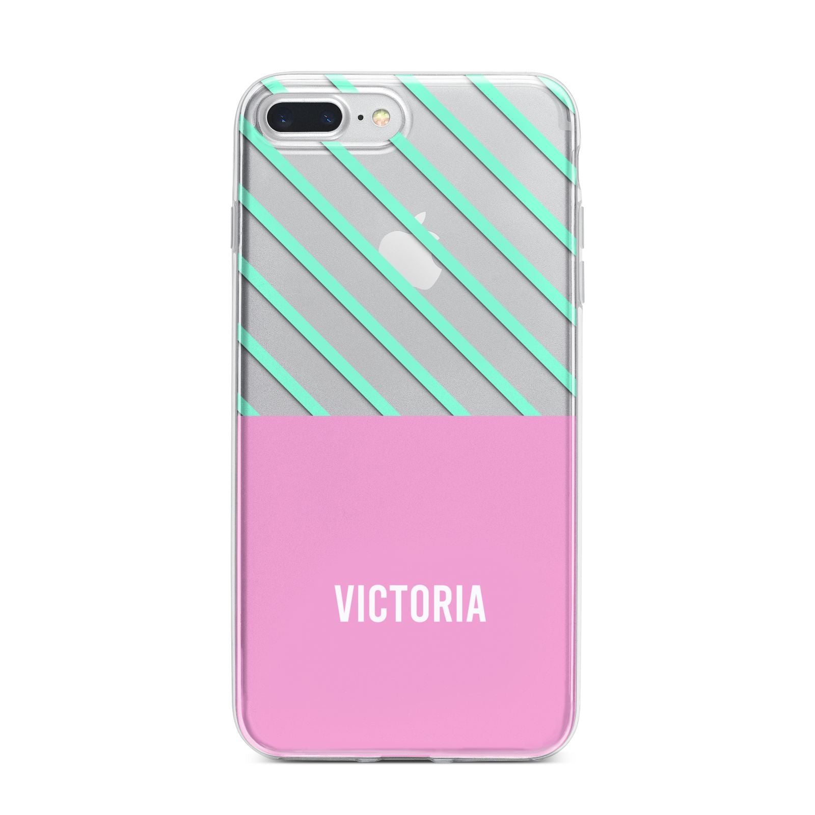 Personalised Pink Aqua Striped iPhone 7 Plus Bumper Case on Silver iPhone