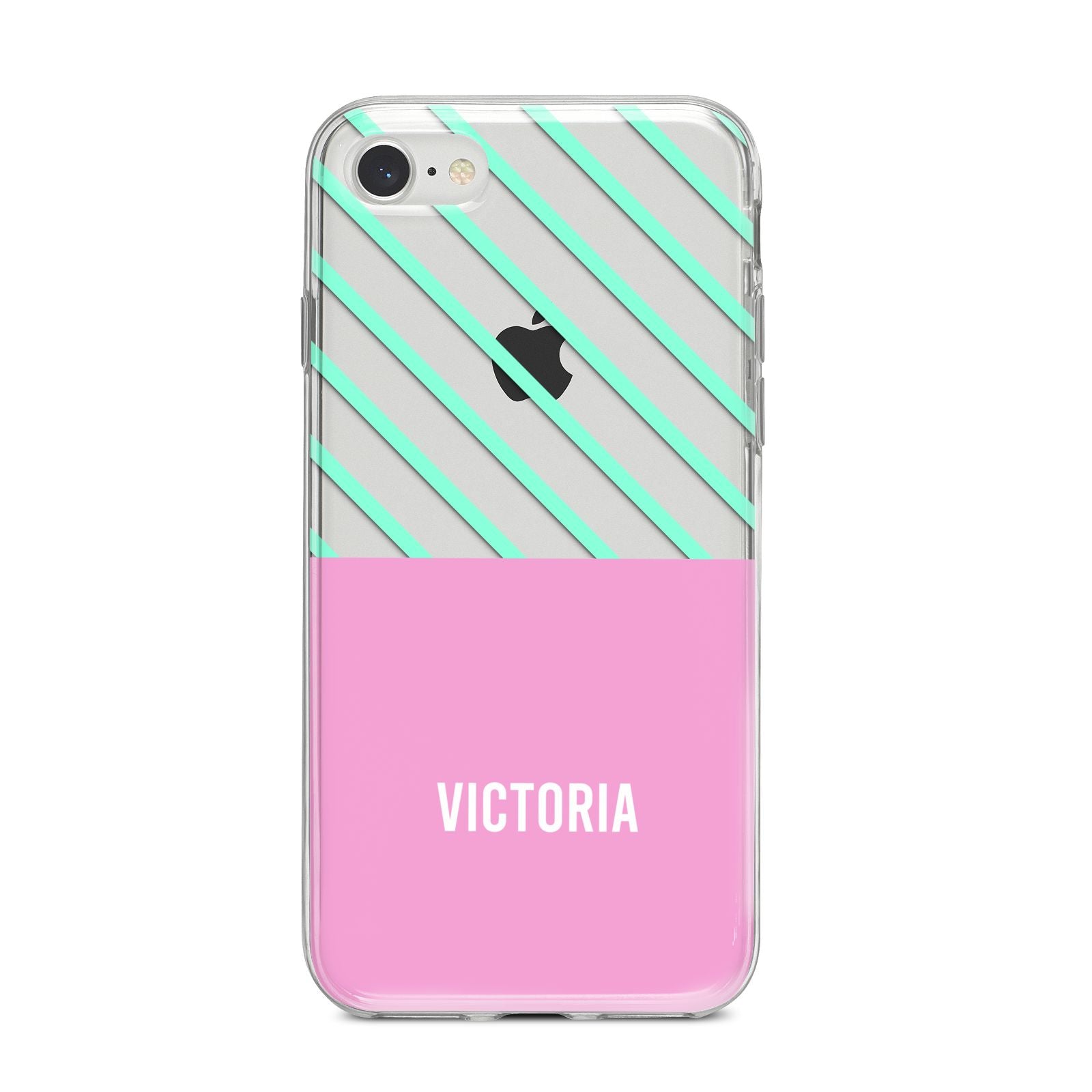 Personalised Pink Aqua Striped iPhone 8 Bumper Case on Silver iPhone
