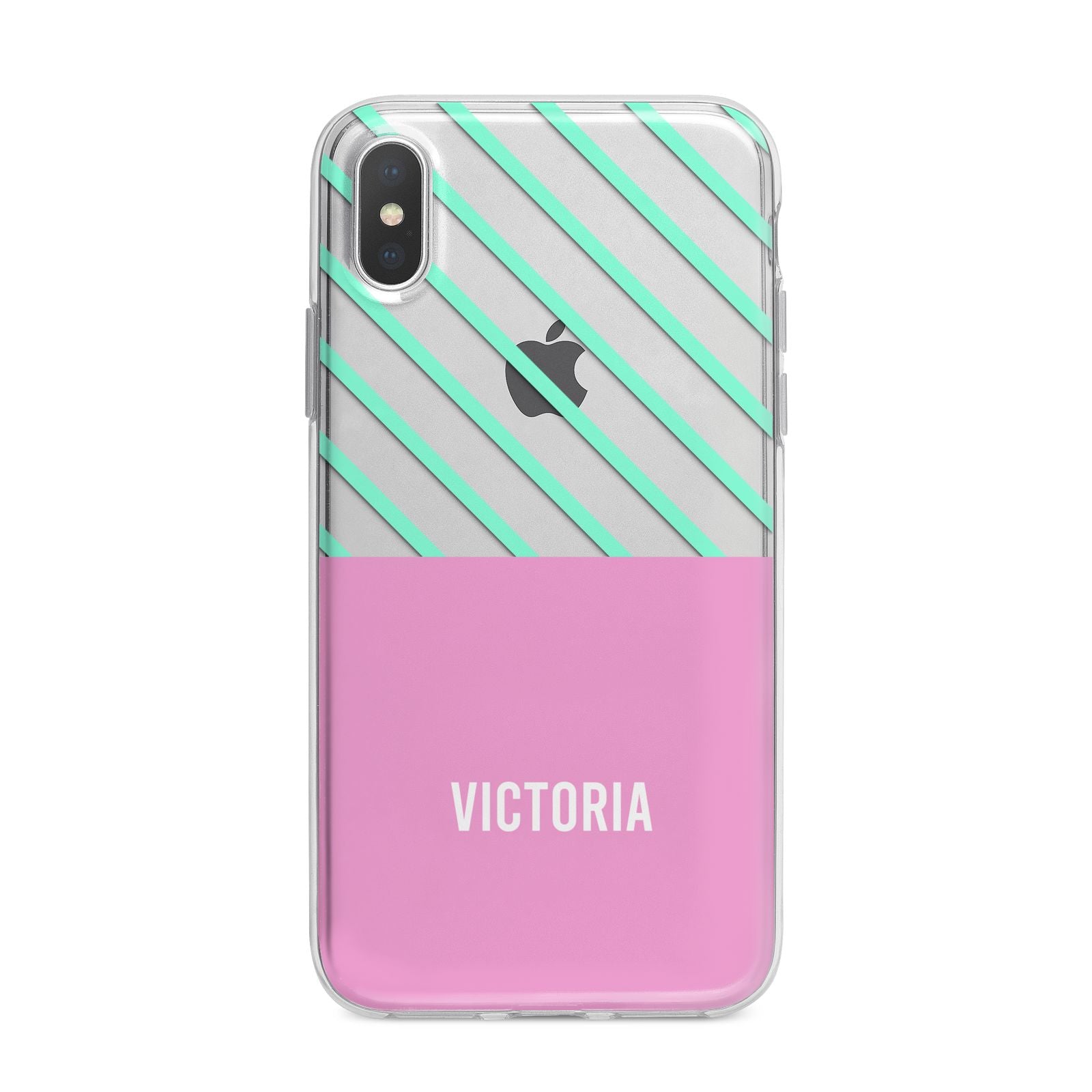 Personalised Pink Aqua Striped iPhone X Bumper Case on Silver iPhone Alternative Image 1