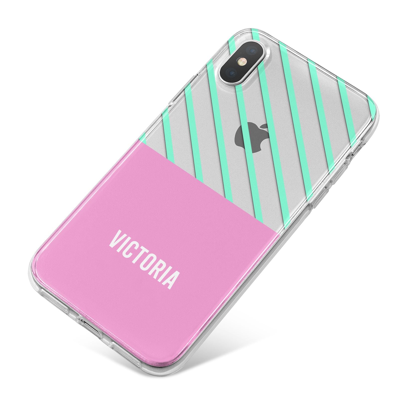 Personalised Pink Aqua Striped iPhone X Bumper Case on Silver iPhone