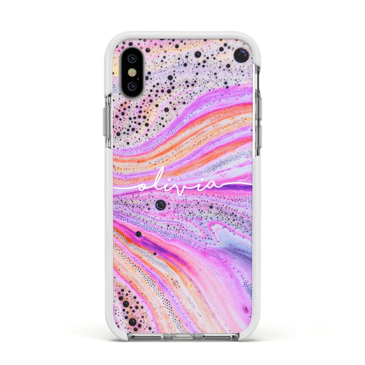 Personalised Pink Bath Bomb Apple iPhone Xs Impact Case White Edge on Silver Phone
