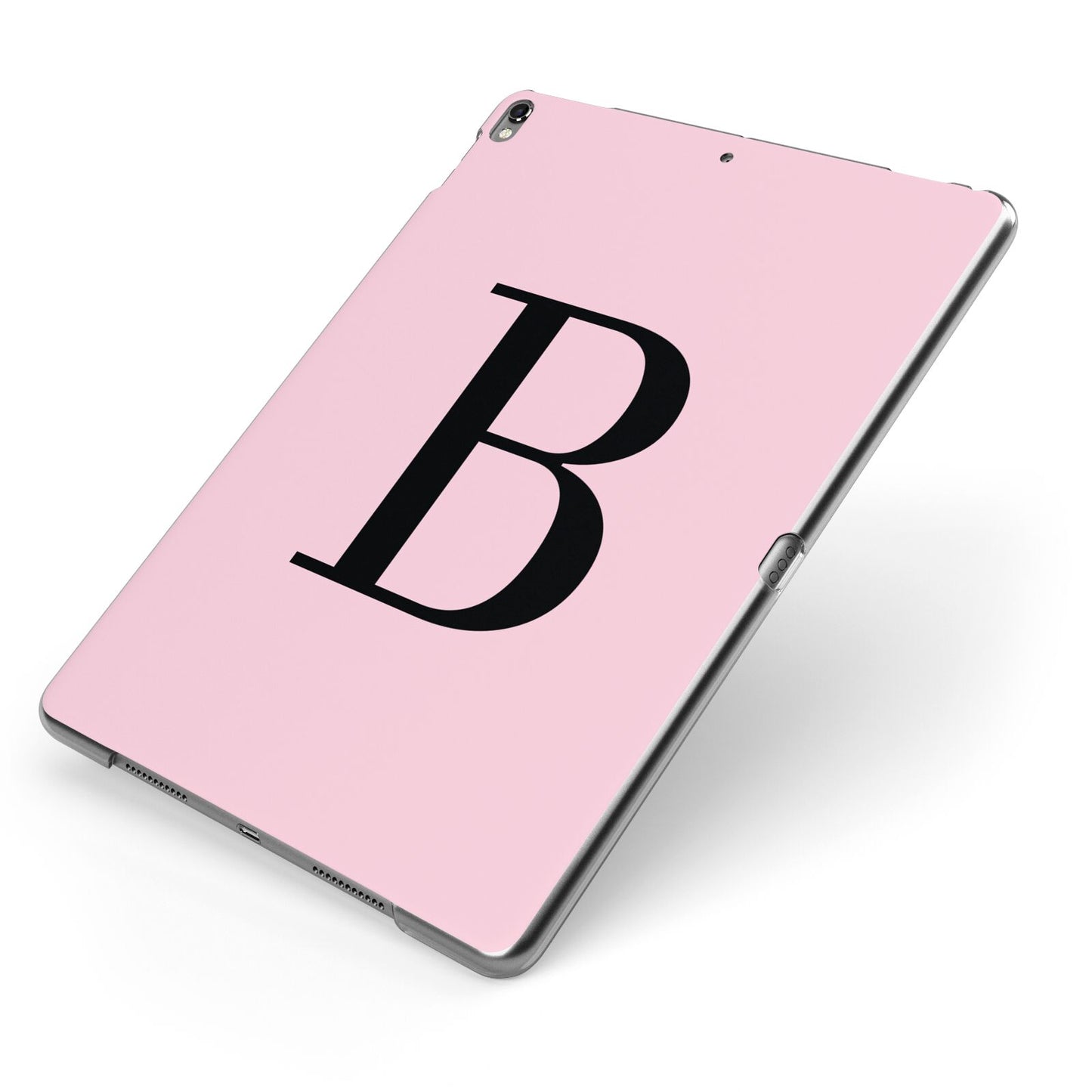 Personalised Pink Black Initial Apple iPad Case on Grey iPad Side View
