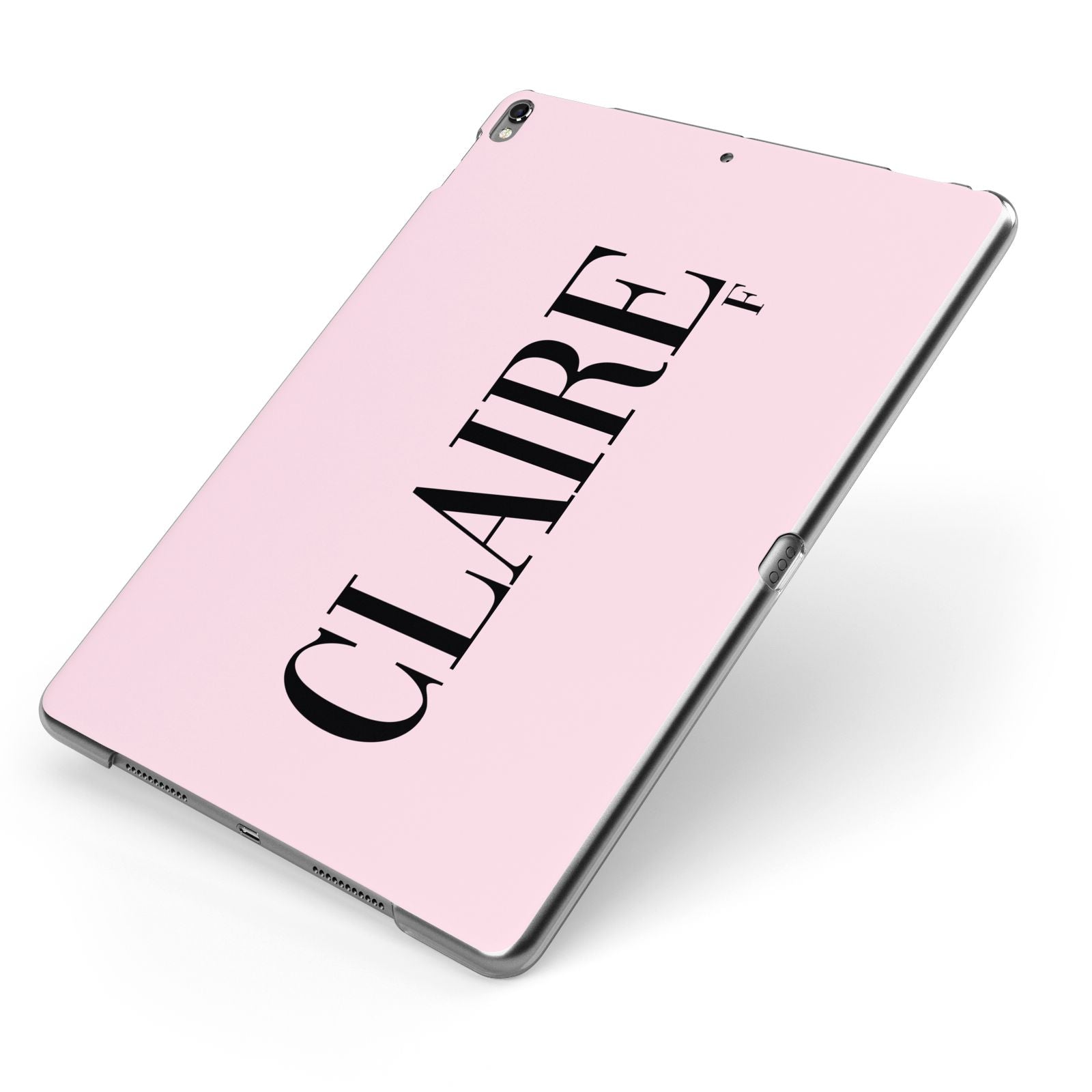 Personalised Pink Black Name Apple iPad Case on Grey iPad Side View
