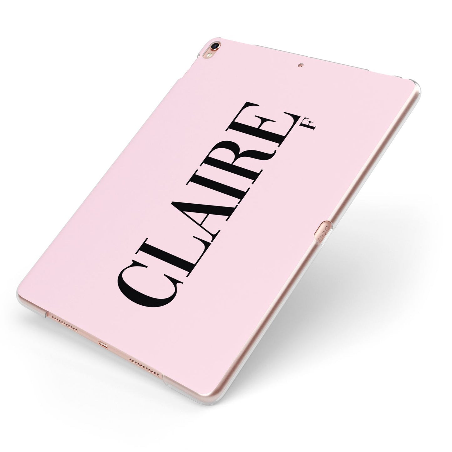 Personalised Pink Black Name Apple iPad Case on Rose Gold iPad Side View