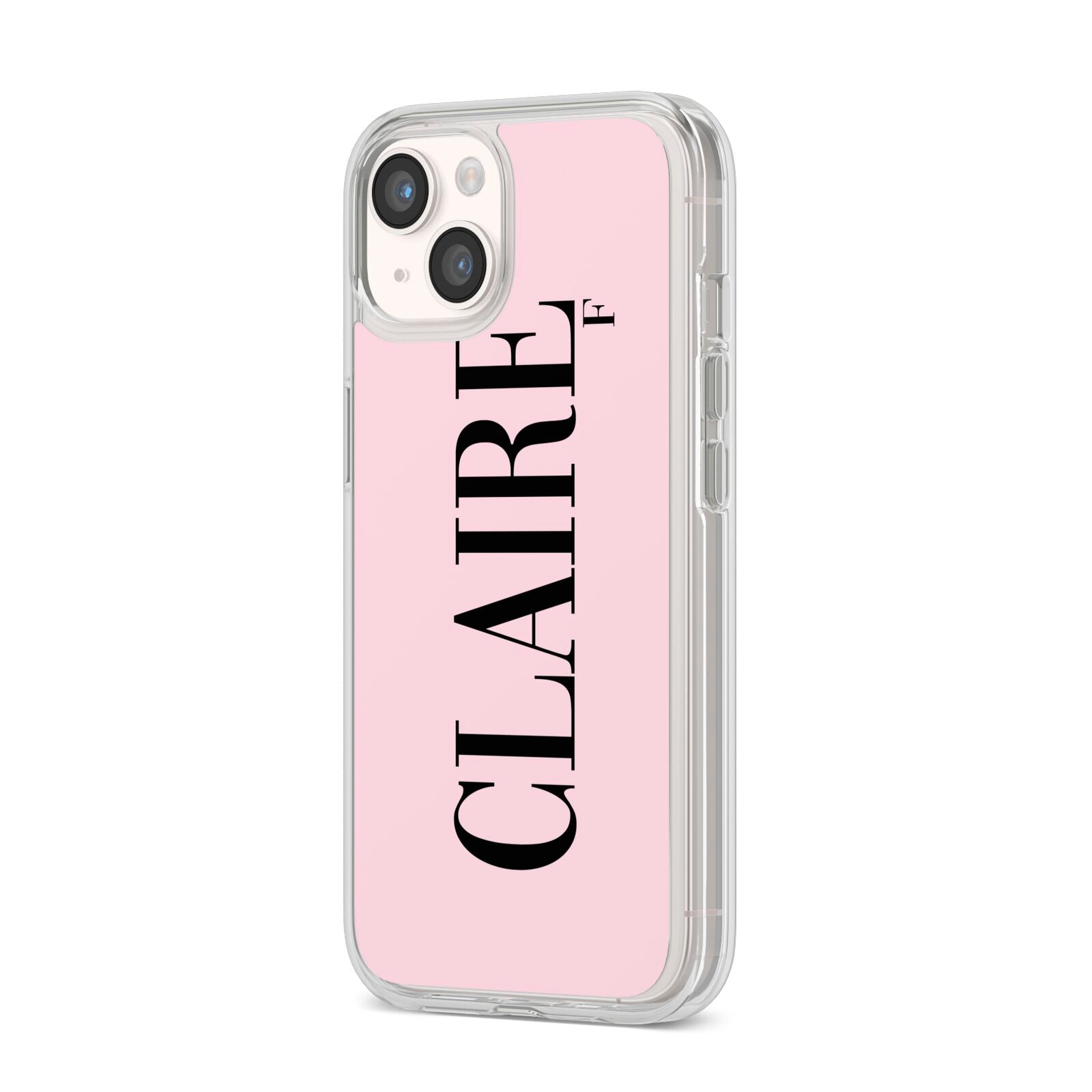 Personalised Pink Black Name iPhone 14 Clear Tough Case Starlight Angled Image