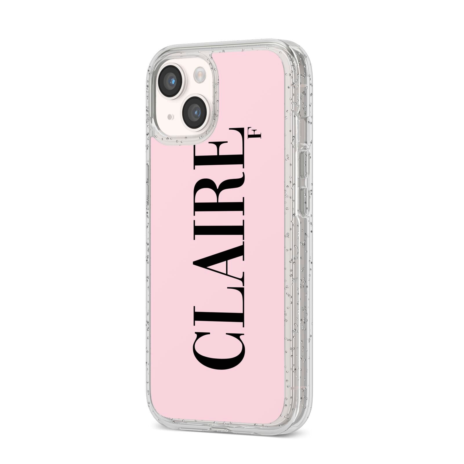 Personalised Pink Black Name iPhone 14 Glitter Tough Case Starlight Angled Image