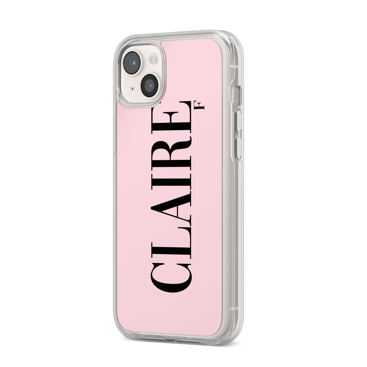 Personalised Pink Black Name iPhone 14 Plus Clear Tough Case Starlight Angled Image