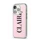 Personalised Pink Black Name iPhone 14 Pro Clear Tough Case Silver Angled Image