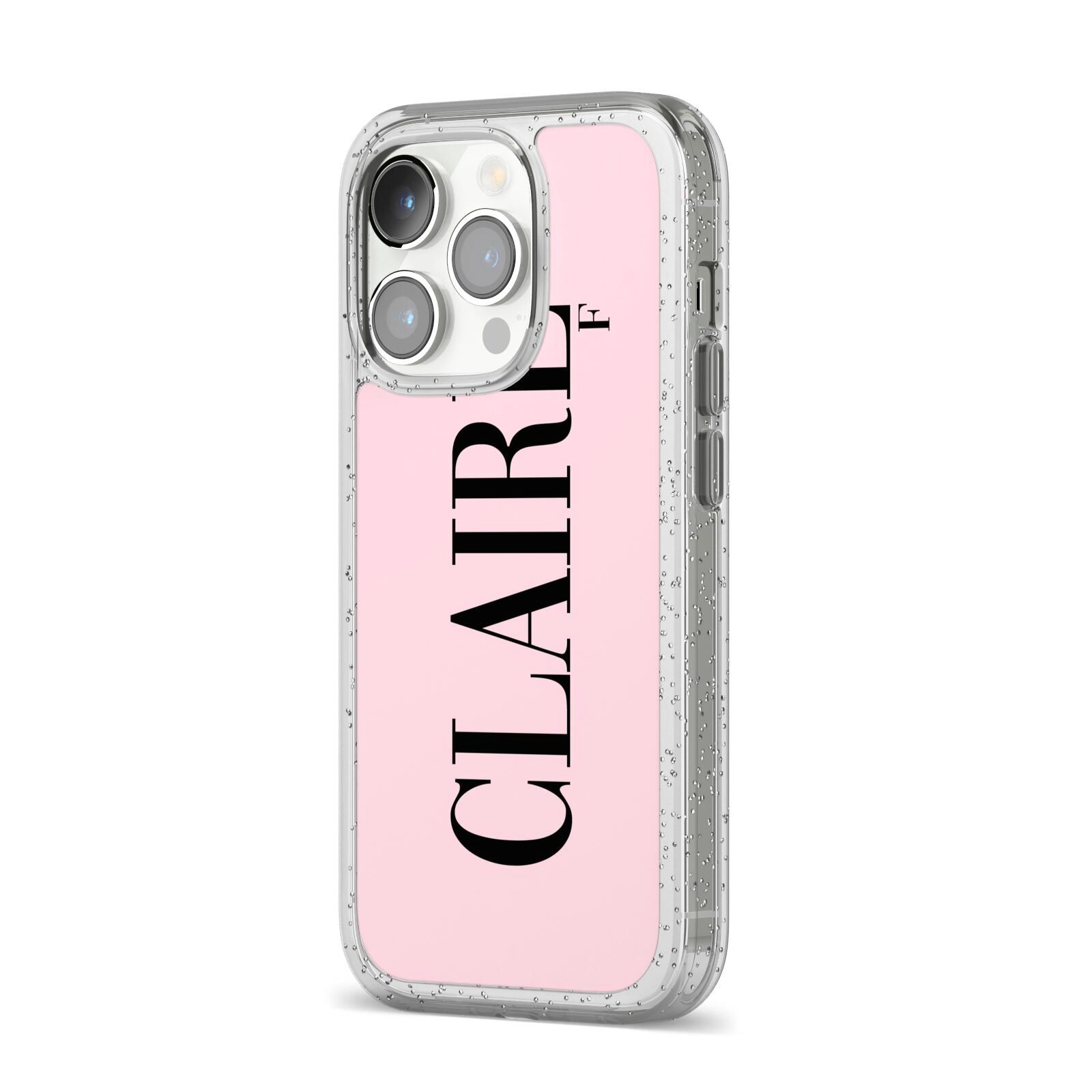 Personalised Pink Black Name iPhone 14 Pro Glitter Tough Case Silver Angled Image