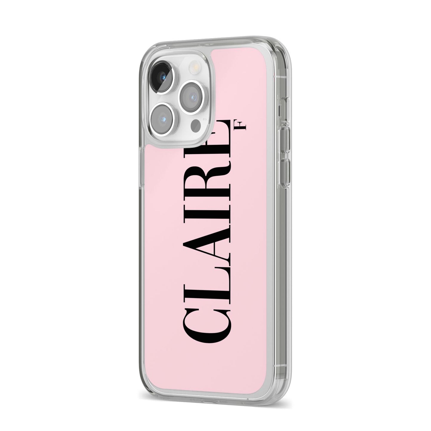 Personalised Pink Black Name iPhone 14 Pro Max Clear Tough Case Silver Angled Image