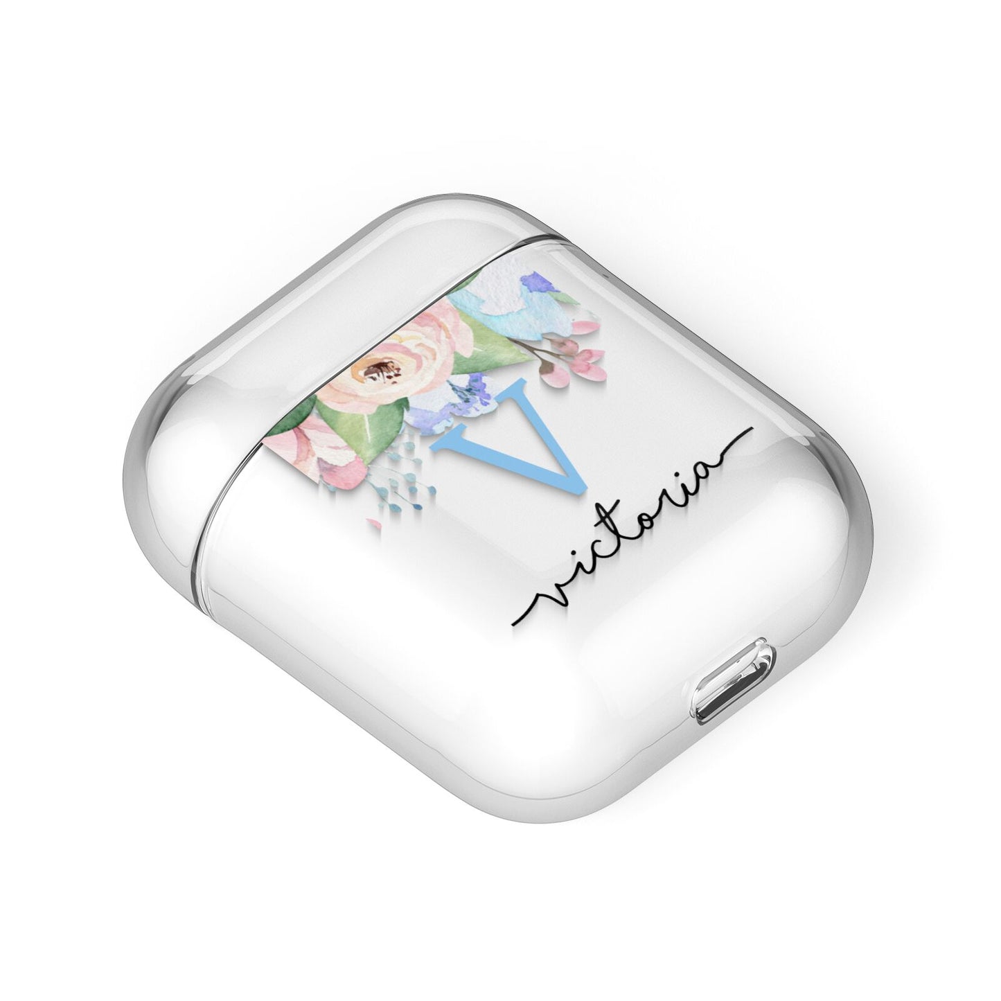Personalised Pink Blue Flowers AirPods Case Laid Flat
