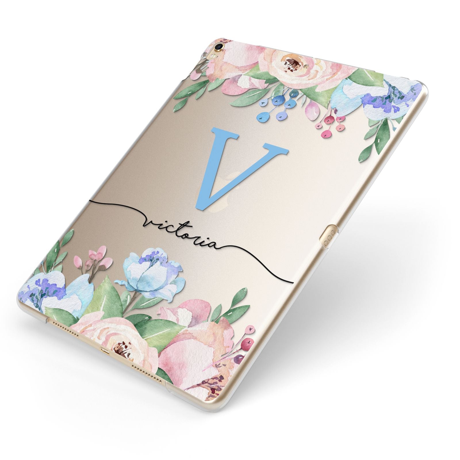 Personalised Pink Blue Flowers Apple iPad Case on Gold iPad Side View