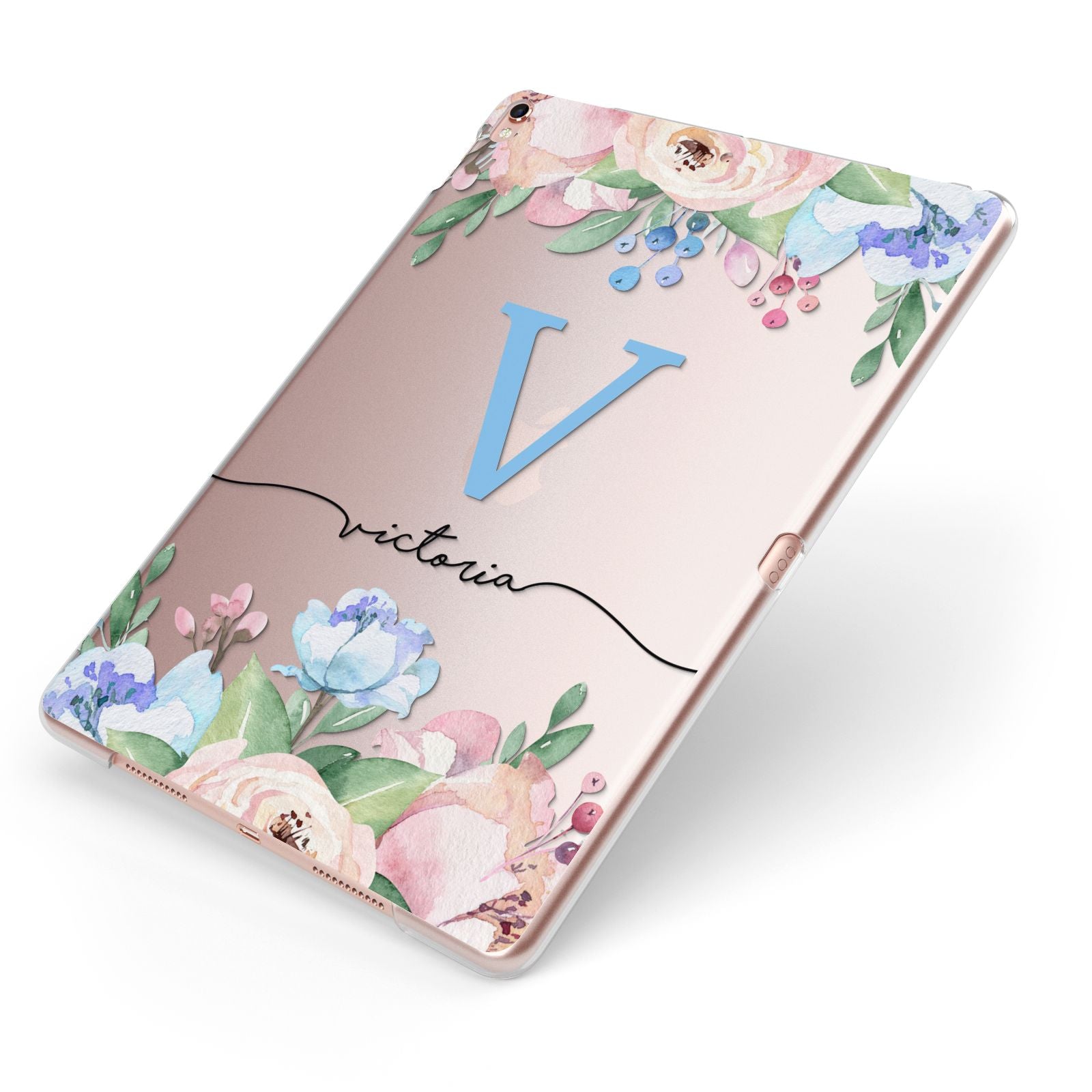 Personalised Pink Blue Flowers Apple iPad Case on Rose Gold iPad Side View