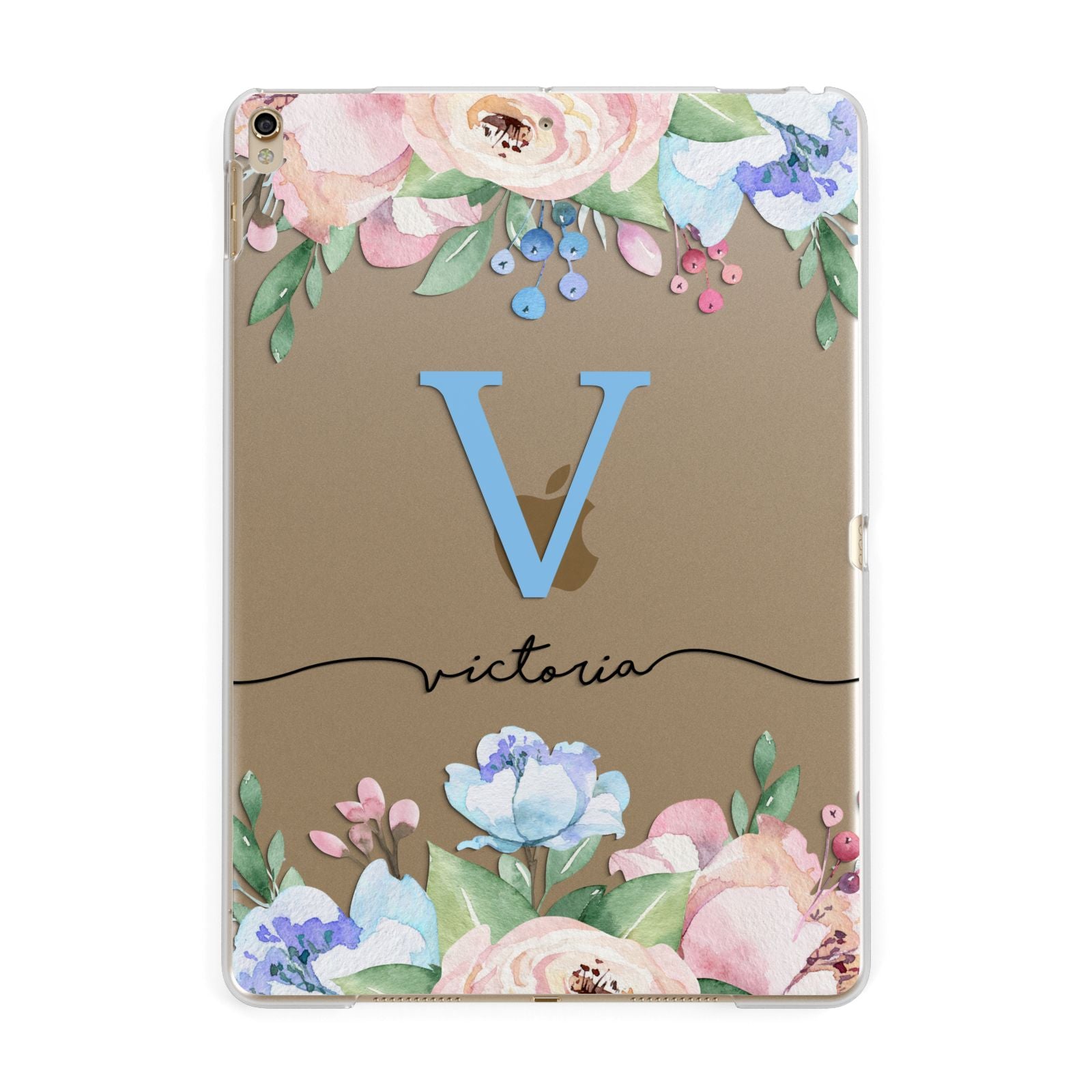 Personalised Pink Blue Flowers Apple iPad Gold Case