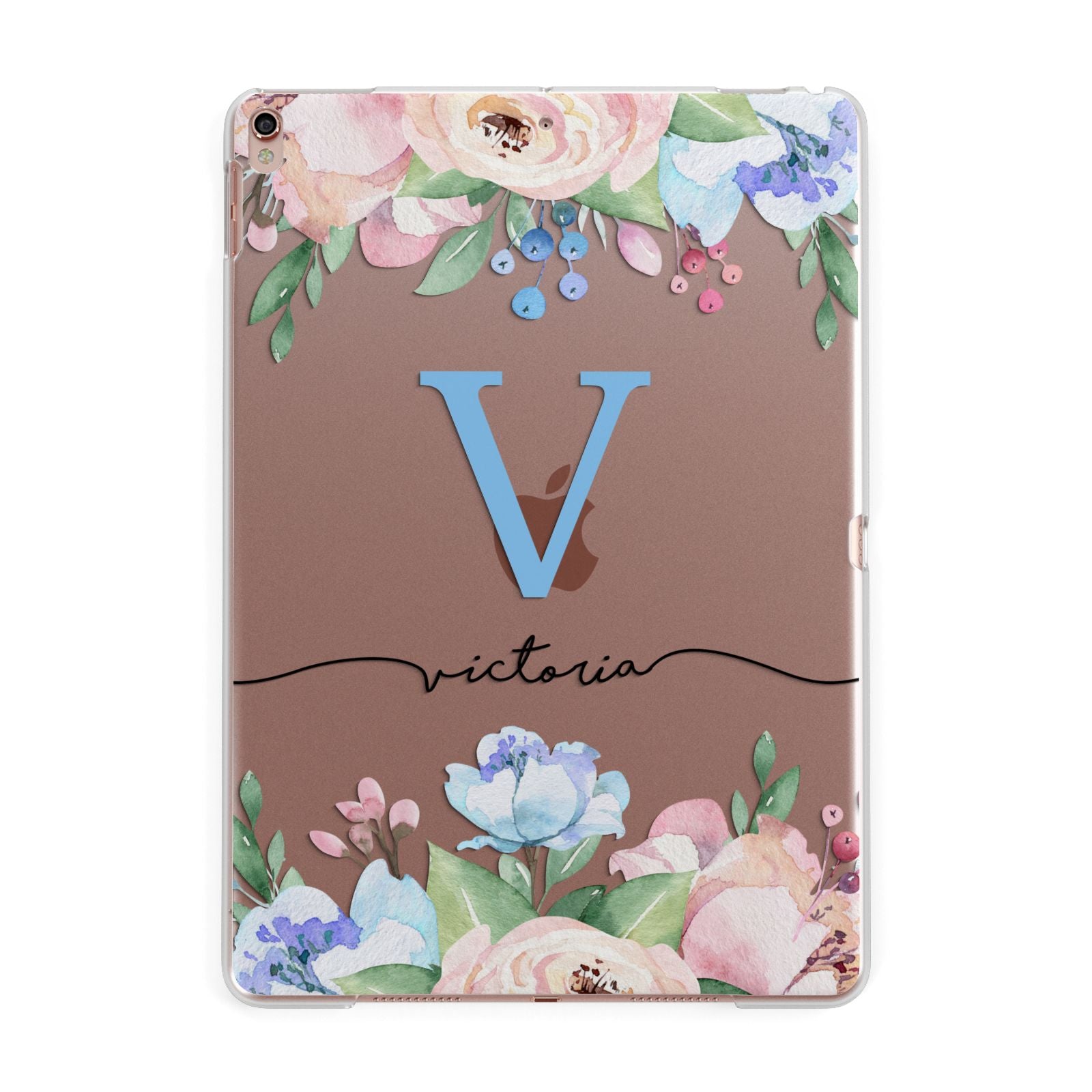 Personalised Pink Blue Flowers Apple iPad Rose Gold Case