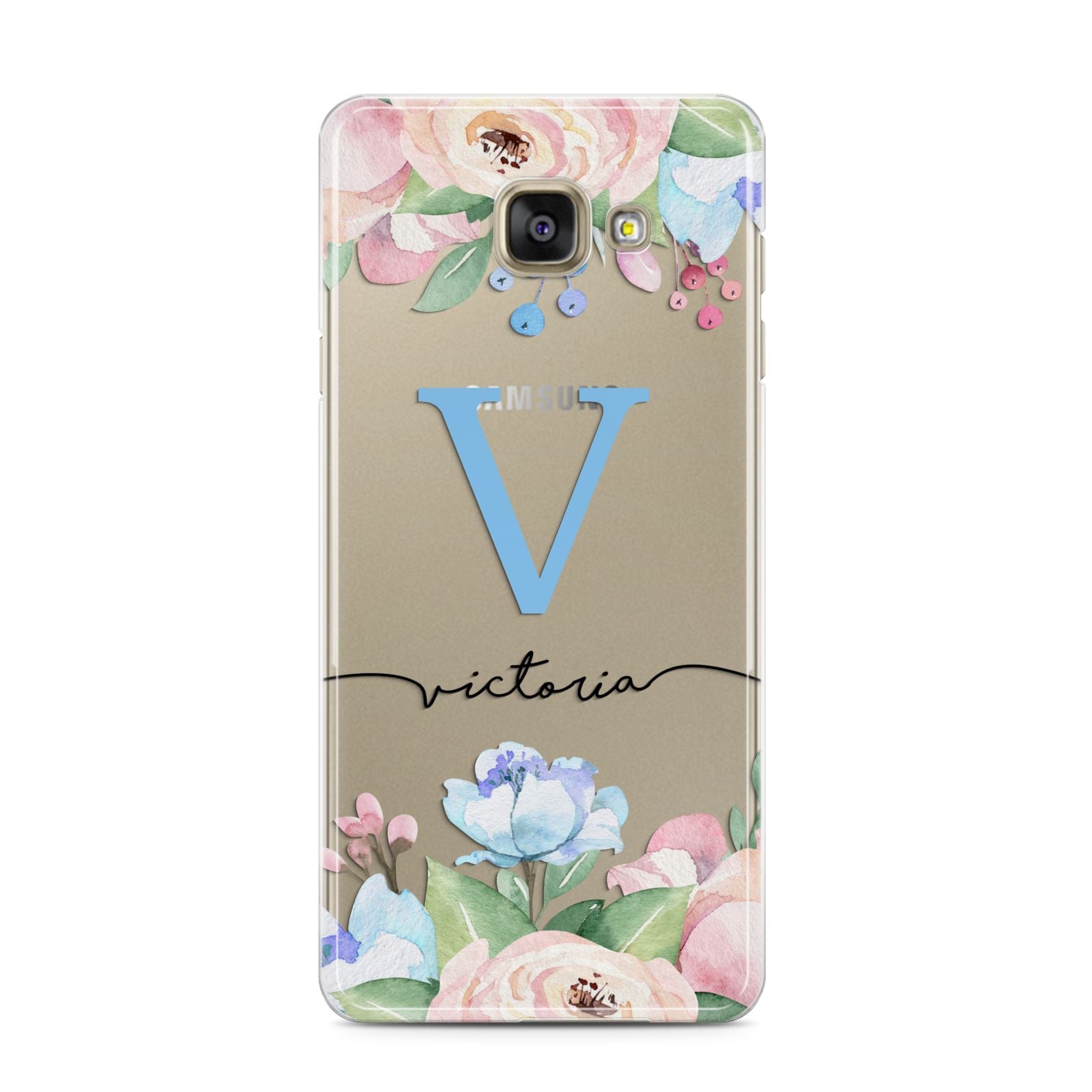Personalised Pink Blue Flowers Samsung Galaxy A3 2016 Case on gold phone