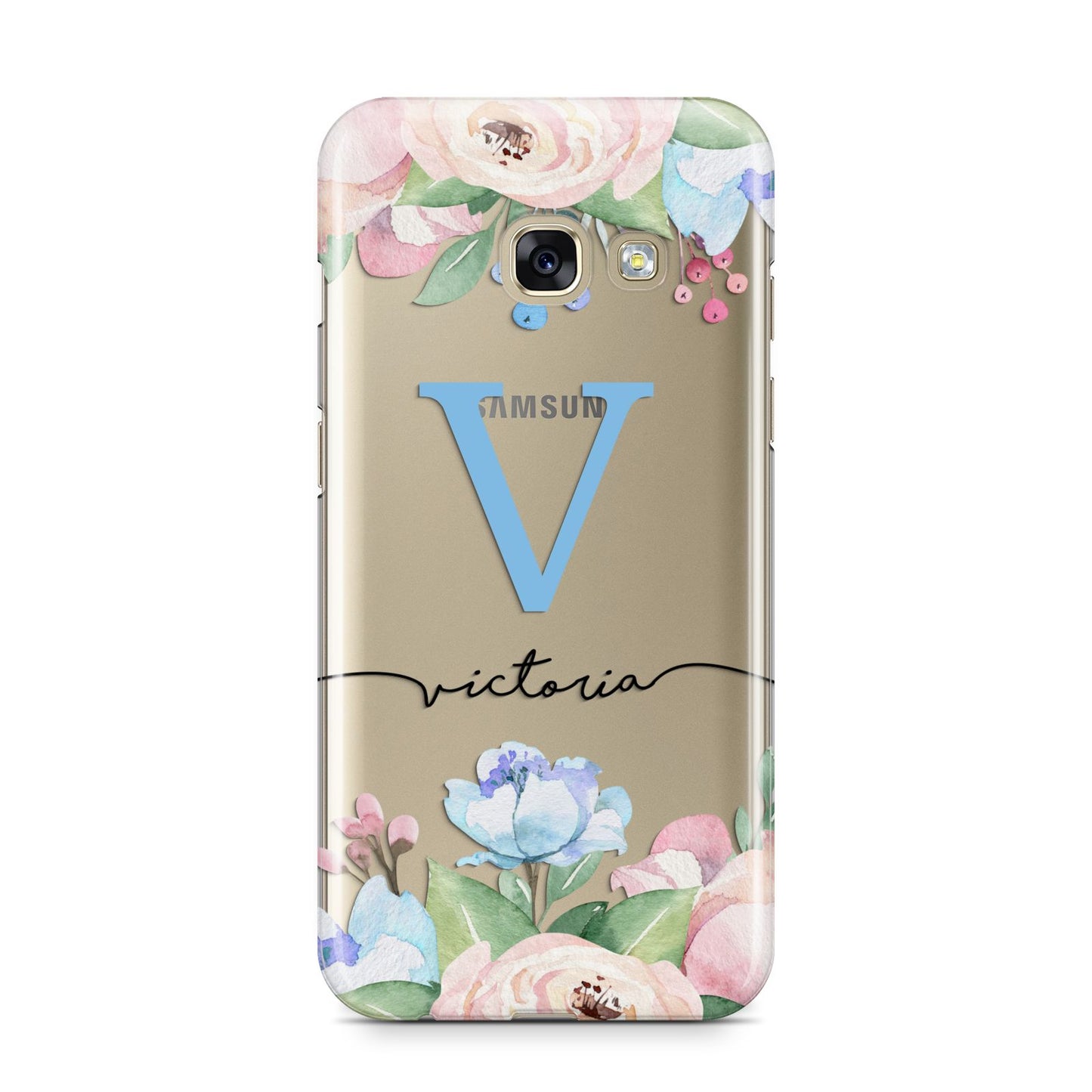 Personalised Pink Blue Flowers Samsung Galaxy A3 2017 Case on gold phone