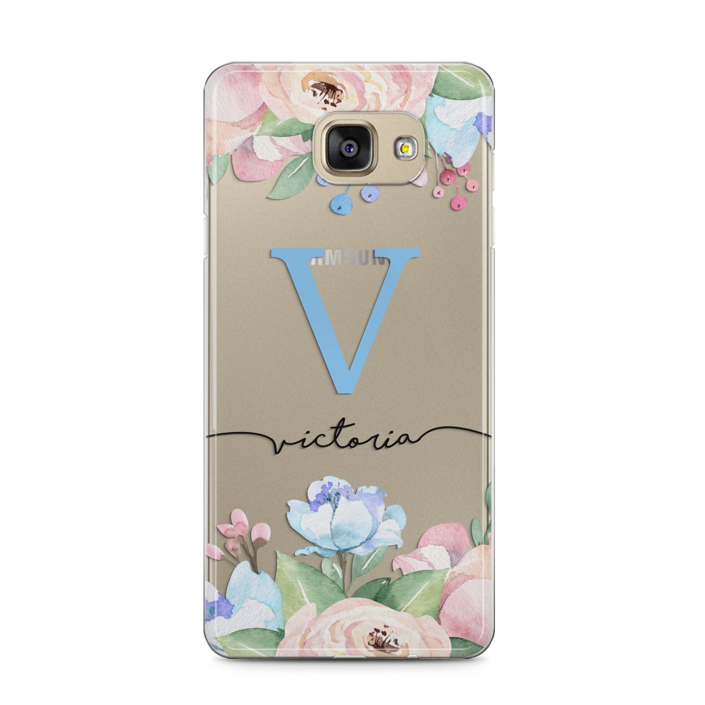 Personalised Pink Blue Flowers Samsung Galaxy A5 2016 Case on gold phone